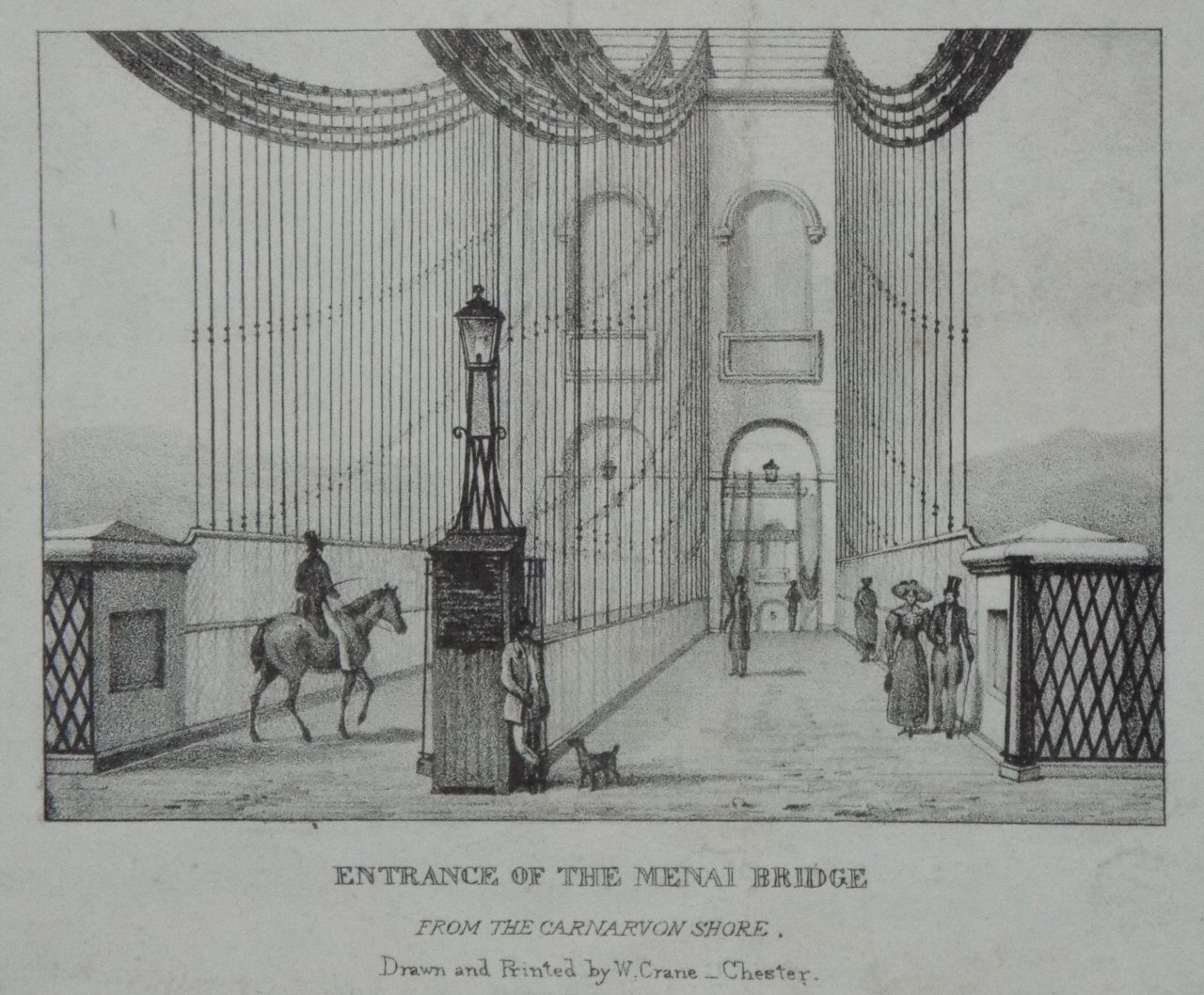 Lithograph - Entrance of the Menai Bridge from the Carnarvon shore. - Crane